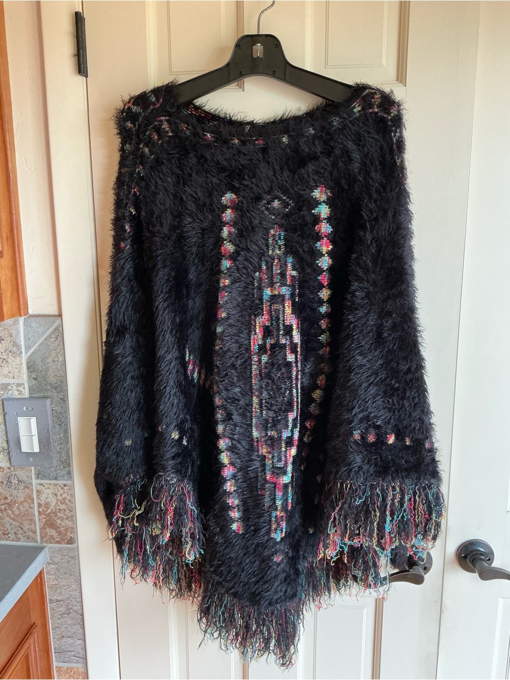 ETHYL Cozy Black Poncho with Aztec Design